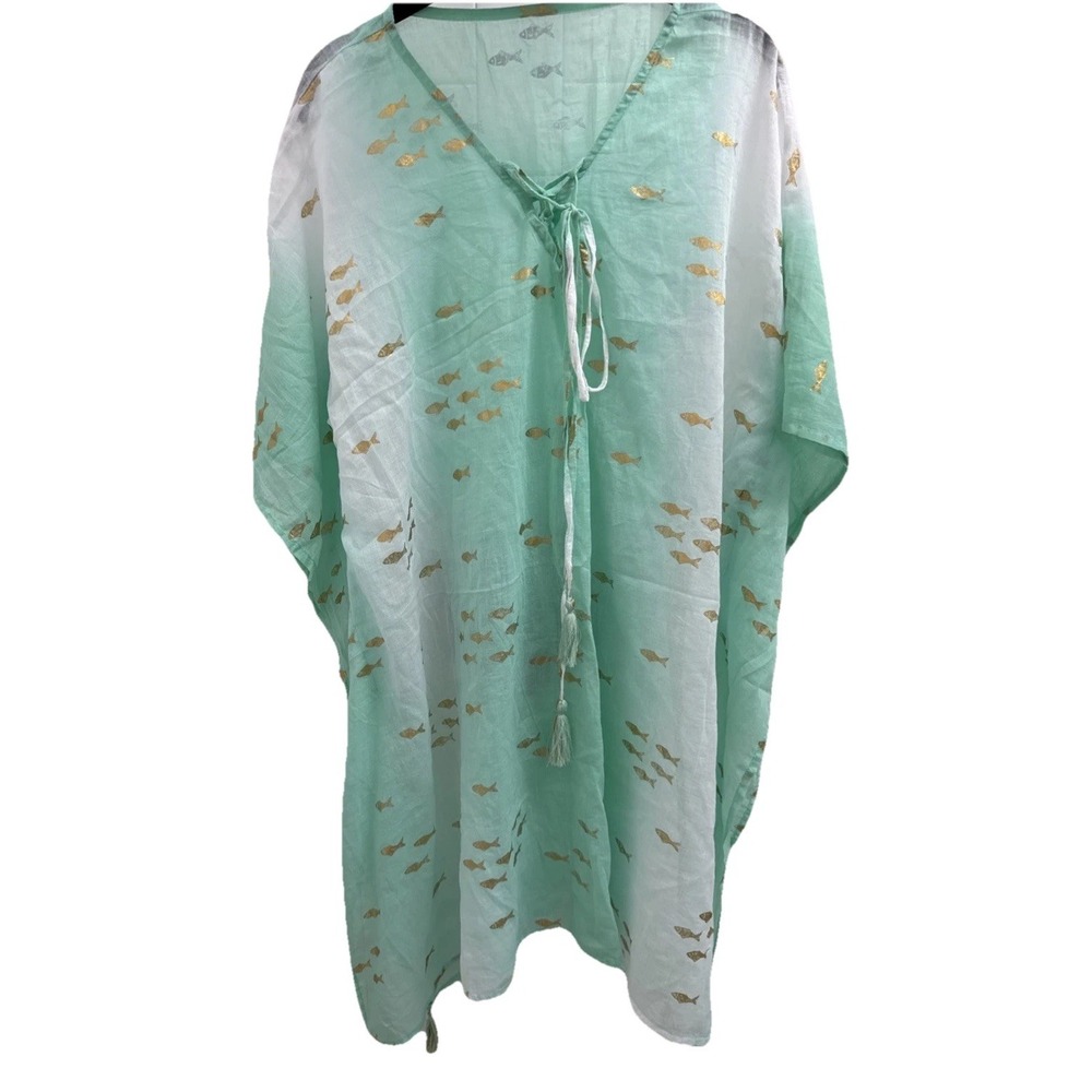 100% Cotton‎ Kaftan Gold Foil Fish Print Beach Cover Up Resort Boho India 1 Sz